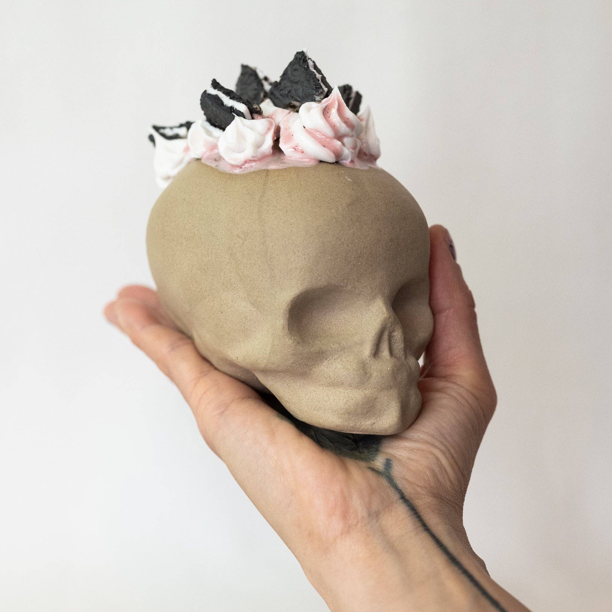 Ceramic Cookies and Cream Strawberry Mohawk Skull by Mad Brooklyn